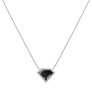 BLACK DIAMOND SHIELD PENDANT NECKLACE WITH WHITE DIAMOND HALO